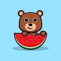 cute bear eating watermelon cartoon character vector