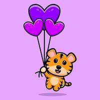 Cute tiger floating with heart balloon cartoon mascot vector