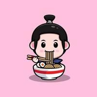 cute samurai boy mascot cartoon icon. kawaii mascot character illustration for sticker, poster, animation, children book, or other digital and print product vector