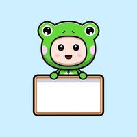 Design of cute boy wearing frog costume holding blank text board vector