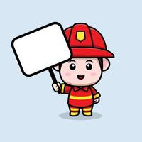 Lindo icono de dibujos animados de mascota de bombero. Ilustración de personaje de mascota kawaii para pegatina, póster, animación, libro para niños u otro producto digital e impreso vector