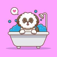 Cute Shih-tzu Puppy Happy to Take Bath Cartoon Icon Illustration vector