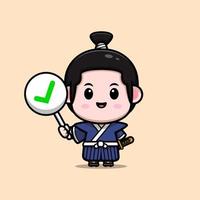 Lindo icono de dibujos animados de mascota de niño samurai. Ilustración de personaje de mascota kawaii para pegatina, póster, animación, libro para niños u otro producto digital e impreso vector