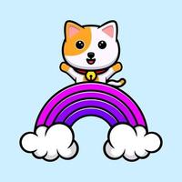 Cute cat waving hand behind rainbow cartoon mascot vector