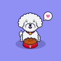 lindo perro bichon frise le encanta comer comida icono de dibujos animados ilustración vector