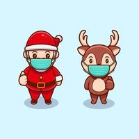 Cute Santa Claus and Christmas Reindeer Wearing Mask Cartoon Vector Icon Illustration.