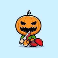 lindo personaje de calabaza rebanada de fruta con cuchillo ilustración de dibujos animados vector