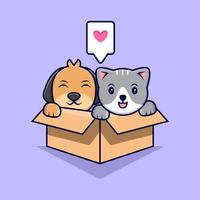 Lindo gato y perro en la ilustración de icono de vector de dibujos animados de caja de cartón. estilo de dibujos animados plana