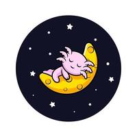 lindo oxolotl durmiendo en la luna personaje de dibujos animados vector