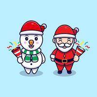 lindo santa claus y muñeco de nieve con confeti mascota ilustración vectorial de dibujos animados. vector