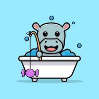 Cute hippo cacthing candy from bathtub mascot design vector