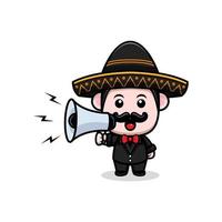 Lindo icono de dibujos animados de la mascota de mariachi mexicano. Ilustración de personaje de mascota kawaii para pegatina, póster, animación, libro para niños u otro producto digital e impreso vector