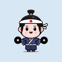 Lindo icono de dibujos animados de mascota de niño samurai. Ilustración de personaje de mascota kawaii para pegatina, póster, animación, libro para niños u otro producto digital e impreso vector