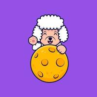 Cute Poodle Dog Waving Paws Behind Moon Cartoon Icon Illustration vector