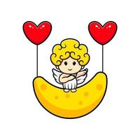 Design of cute cupid floating with moon and heart balloon vector