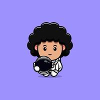 Lindo icono de dibujos animados de mascota astronauta rizado. Ilustración de personaje de mascota kawaii para pegatina, póster, animación, libro para niños u otro producto digital e impreso vector