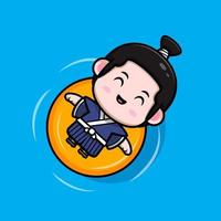 Lindo icono de dibujos animados de mascota de niño samurai. Ilustración de personaje de mascota kawaii para pegatina, póster, animación, libro para niños u otro producto digital e impreso vector