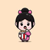 Linda chica con icono de dibujos animados de mascota de kimono. Ilustración de personaje de mascota kawaii para pegatina, póster, animación, libro para niños u otro producto digital e impreso vector