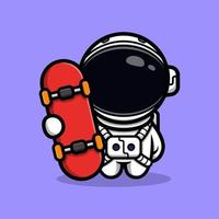 lindo astronauta con diseño de mascota de patineta vector