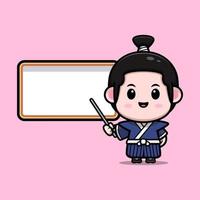 Lindo icono de dibujos animados de mascota de niño samurai. Ilustración de personaje de mascota kawaii para pegatina, póster, animación, libro para niños u otro producto digital e impreso vector