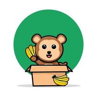 lindo mono dentro de la caja y agitando la mascota de dibujos animados de plátano vector