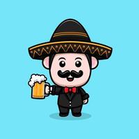 Lindo icono de dibujos animados de la mascota de mariachi mexicano. Ilustración de personaje de mascota kawaii para pegatina, póster, animación, libro para niños u otro producto digital e impreso vector