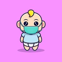 lindo bebé con máscara para la prevención de virus. ilustración de personaje de icono plano vector