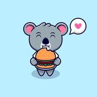 Cute koala love to eat burger mascot cartoon vector illustration.