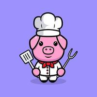 Lindo personaje de mascota de chef de cerdo. Ilustración de icono de animal vector