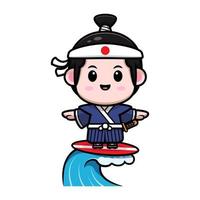 Lindo icono de dibujos animados de mascota de niño samurai. Ilustración de personaje de mascota kawaii para pegatina, póster, animación, libro para niños u otro producto digital e impreso vector