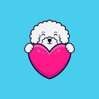 Lindo perro bichon frise con ilustración de icono de dibujos animados de corazón rosa vector