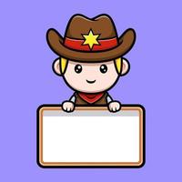 pequeño vaquero lindo que sostiene la ilustración de la mascota del tablero de texto en blanco vector