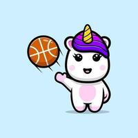 lindo unicornio jugando baloncesto diseño de mascota vector