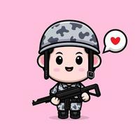 lindo icono de dibujos animados de la mascota del ejército. Ilustración de personaje de mascota kawaii para pegatina, póster, animación, libro para niños u otro producto digital e impreso vector