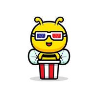 Design of cute honey bee watching film and eat popcorn. animal mascot character vector