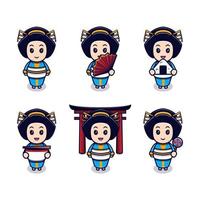 Cute Japanese Girl with Different Expressions Set Cartoon Vector Icon Illustration. Flat Cartoon Style Suitable for Story Book, Flyer, Sticker, Card