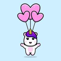 Cute unicorn floating to the sky with heart balloon mascot design vector