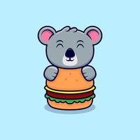 Lindo koala abraza la gran ilustración de vector de dibujos animados de mascota de hamburguesa.