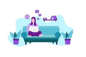 flat illustration, woman is online and chatting with other people using laptop on chair vector