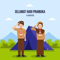 Ilustración del feliz día de pramuka o día de los exploradores el 14 de agosto en indonesia. niño y niña celebran el día de pramuka. se puede utilizar para tarjetas de felicitación, pancartas, carteles, web. vector