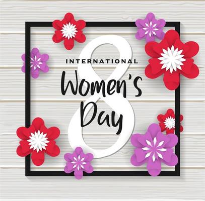 Women's day poster design template. Vector illustration with red and purple paper flowers and black square frame on wooden texture