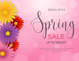 Spring sale background with beautiful pink, yellow, red and purple flowers vector