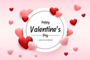 tarjeta de felicitación del día de san valentín feliz. Ilustración vectorial de corazones rojos y rosados con marco redondo blanco vector