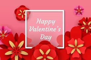 Valentine's day background. Illustration of red and pink paper flowers with white square frame vector