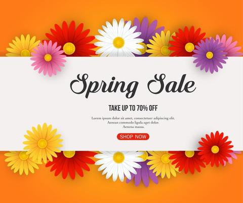 Spring sale background with beautiful pink, yellow, red and purple flowers