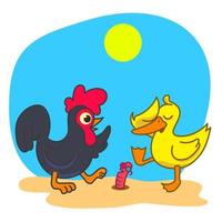 vector image of chicken, duck and worm talking in hot summer day.