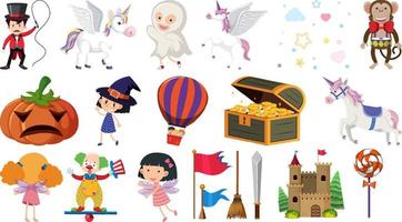 Set of isolated fairytale cartoon characters and objects vector