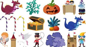 Set of fantasy cartoon characters and elements vector