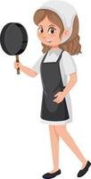 A woman holding a pan wearing apron cartoon character on white background vector