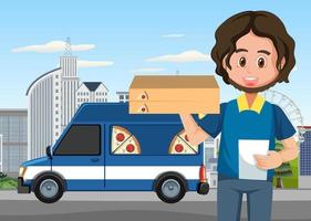 Pizza delivery man cartoon character on white background vector